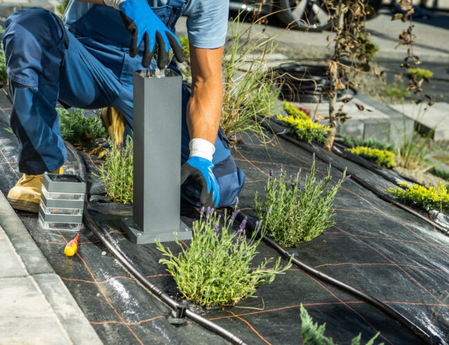 Caucasian Landscaping Worker Installing or Replacing Regular Bulb Inside Small Garden Light Post.