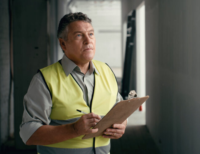 Man, architect and inspection with clipboard for maintenance check, safety or repair in construction on site. Serious male engineer in architecture, building or contracting writing industrial report Man, architect and inspection with clipboard for maintenance check, safety or repair in construction on site. Serious male engineer in architecture, building or contracting writing industrial report