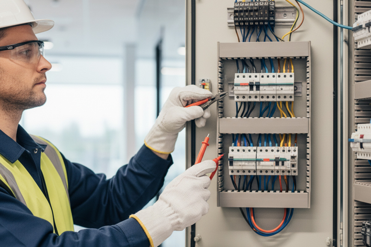 A male electrician wearing a hard hat, safety glasses, and gloves, working on the wiring inside an electrical control panel with pliers.